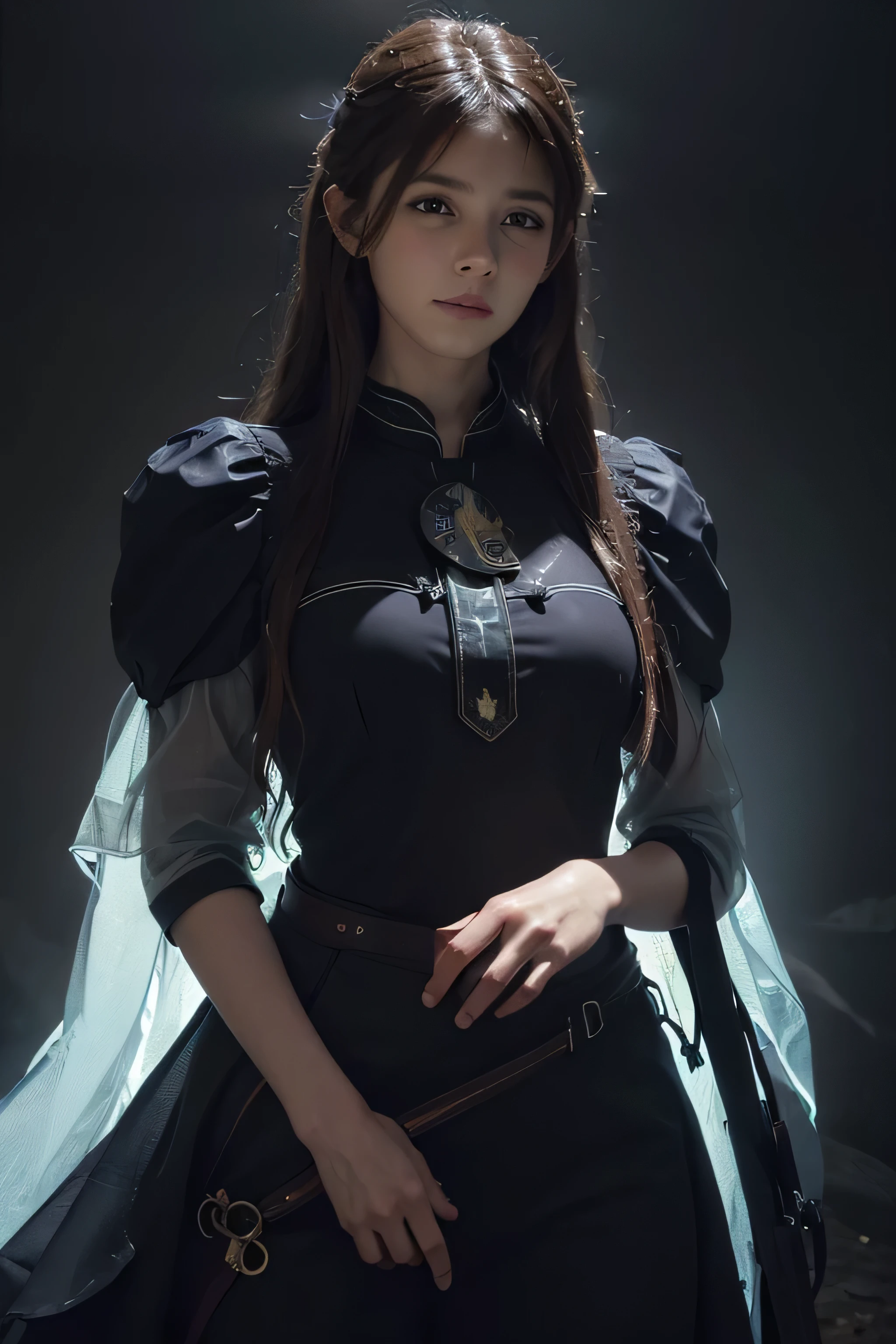(front focus), (in the dark:1.6), Hyperrealist portrait of female by david hockney and alphonse mucha, fantasy art, photo realistic, dynamic lighting, artstation, poster, volumetric lighting, very detailed faces, 4 k, award winning, 1girl, in the dark, deep shadow, low key, cowboy shot, (official clothing:1.4), long hair, white hair