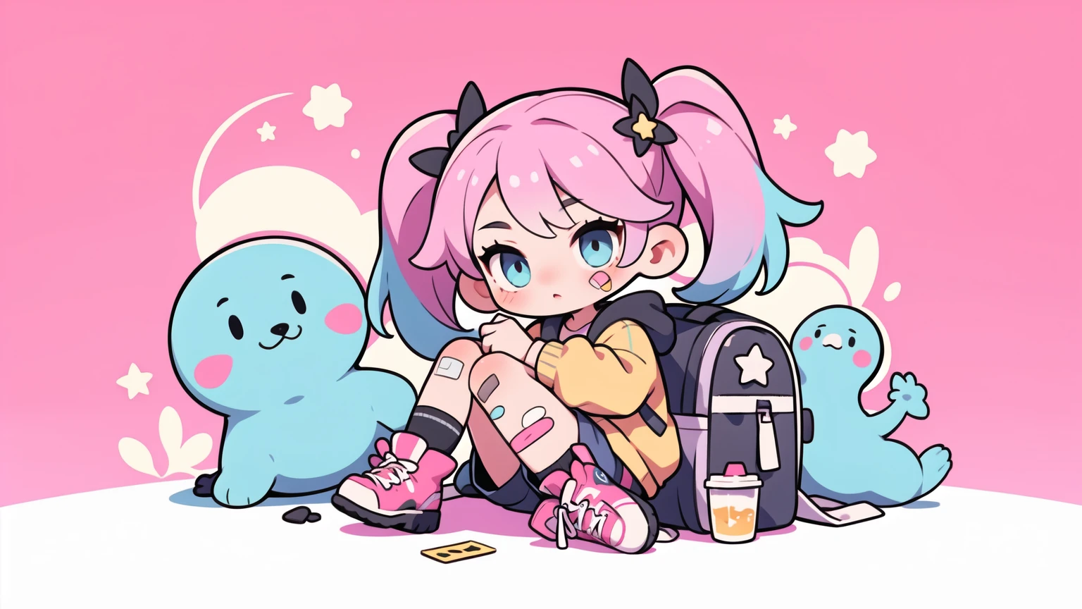 masterpiece, best quality, 8k, cinematic light, ultra high res, chibi, 1girl, bag, backpack, solo, multicolored hair, shorts, star \, (symbol\), blue hair, hood, sitting, pink hair, star hair ornament, head rest, socks, pink footwear, black shorts, hair ornament, full body, boots, bandaid, gradient, twintails, jacket, 