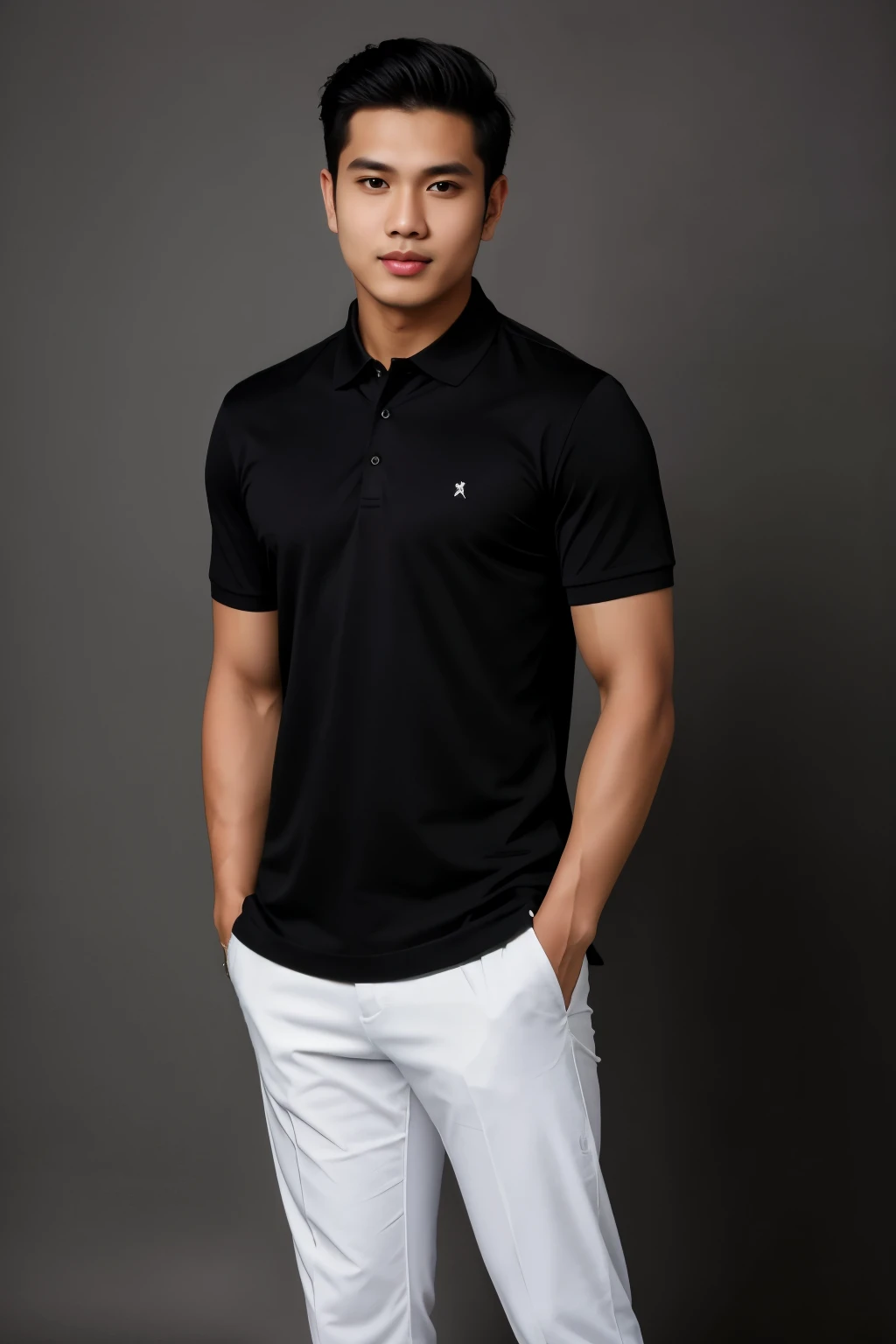 a picture of Handsome MELAYU Malaysia Men ,wear Black plain polo shirt, gentleman Style Pose , Studio Background, full body photoshoot,
((best quality)), ((masterpiece)), (detailed), perfect face,