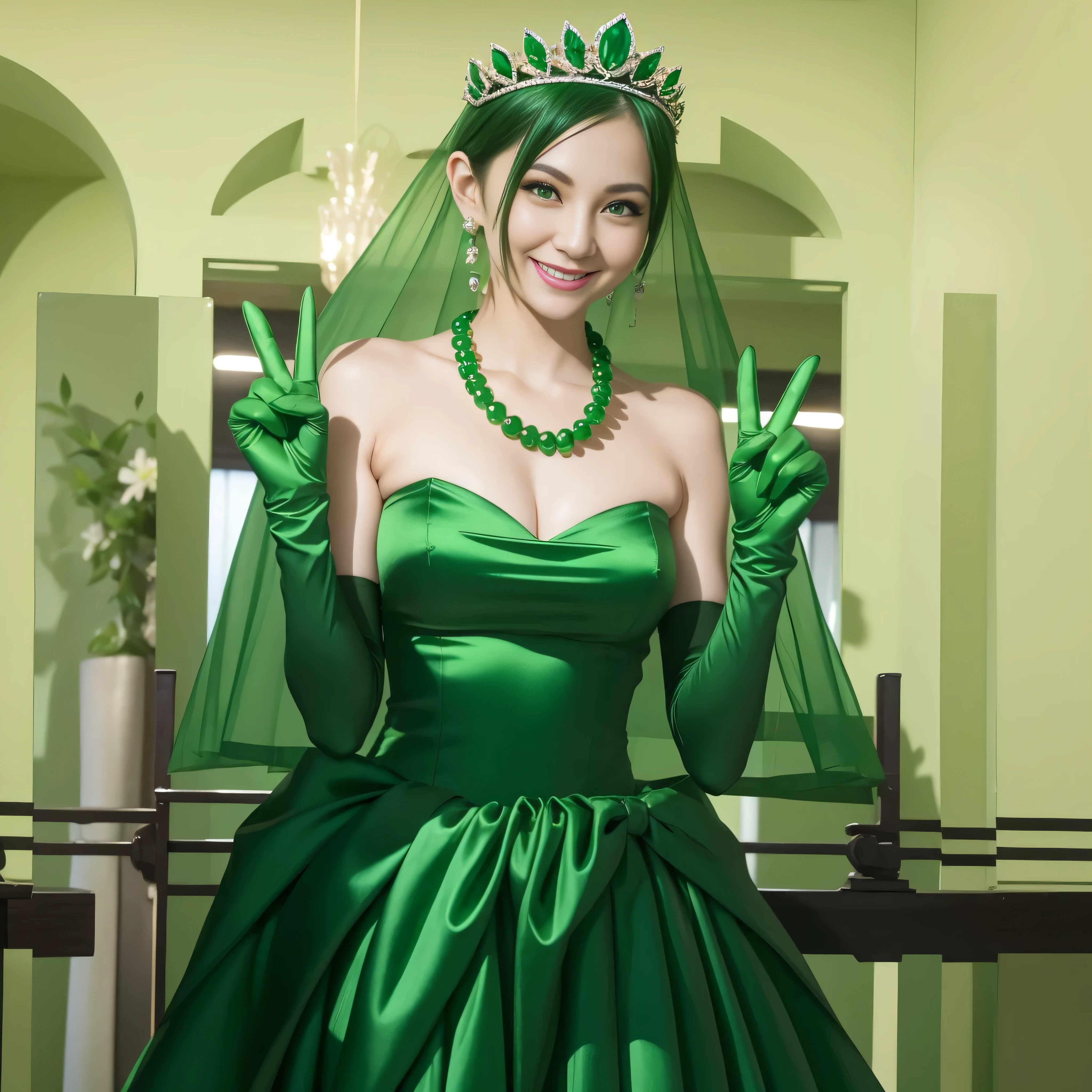 Emerald tiara, Green Pearl Necklace, Boyish very short green hair, lipstick, Smiling Japanese woman, Very short hair, Big and beautiful, Green Eyes, Long green satin gloves, Green Eyes, V sign, Emerald Earrings, Green veil, peace sign