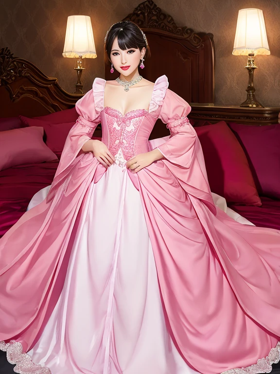 male crossdressing wear long princess gown, male body, mature male, on bed, bedroom, pink lips, night, sleep,