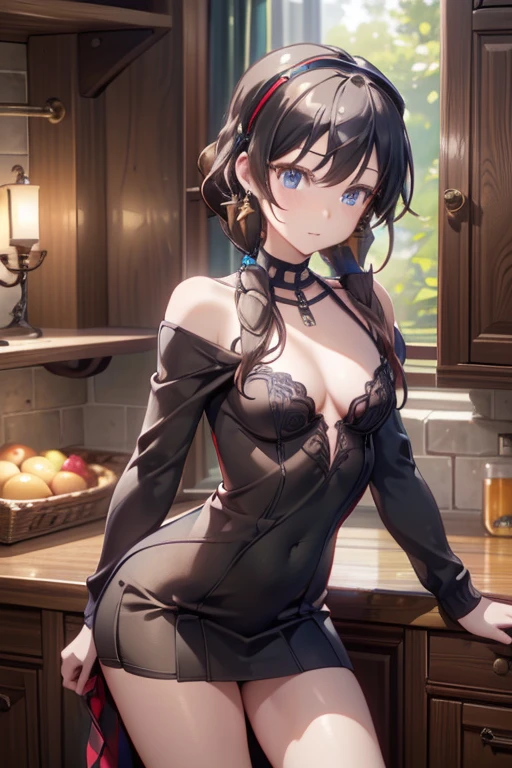 (dynamic angle:1.3, front view:1.1, focus:1.3, from below:1.2), (dynamic posing:1.5, sexy png:1.3, leaning forward), (seductive smiling:1.3),masterpiece, 1girl, (pointed chest:1.3), cleavage:ble breasted:1.3,unde:1.3), Amazing Cleavage:1.5, thin waisss, Raised sexy, (small breast.4) posed clage:1.4、solo,ng at viewer, open ave a grass beergrass,black hair, blue eyes, bare shoulders, jewelry, collarbone, sidelocks, hairband, earrings, indoors, (red off shoulder sweater dress:1.3,skirts:1.3), arms behind back, short hair with long locks, blue white hairband, big side hair, very long side hair is rendered in (masterpiece: 1.2, best quality), with (ultra high resolution) and an exquisite (depth of field). This masterpiece is not only visually stunning but also tells, a scene of cooking in the kitchen