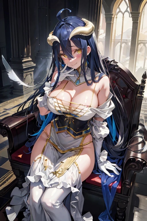 ((highest quality)), ((masterpiece)),(detailed),High resolution,Sharp focus,Perfect Face,One girl,
(非常にdetailed CG unity 8k wallpaper),(((Vibrant colors))),
Albedo, Black Hair,Ahoge, White Devil's Horn,Glowing yellow eyes, Long and narrow pupils Big breasts,glamorous_expensive_Tight waist_Long legs,curve,Cleavage,
Black wings,(Low Wing:1.1), Wings with feathers,Gold Jewelry,White gloves,
erotic,Bold,露出度のexpensive服装,show 肌,Camel Toe,erection of nipple,
White Dress, Hip vents, Exposing shoulders, Detachable collar,
(Flying debris, 超High resolution),(((White and gold theme))),Wear an iridescent aura,
Invisible Light, Amazing shine, neon blue glow, The colors of another world,
Bright colors, Ghostly Effects,Surreal Landscape,
fluttering feathers, Feather Effect,Arrogant look, oral invitation, huge nipples,
Domineering smile,open legs wide,Sitting on the throne,Western-style castle,indoor,Throne Room,Stone pillars,A huge, richly decorated throne,underground palace, Get on one knee,Put your hand on your cheek,