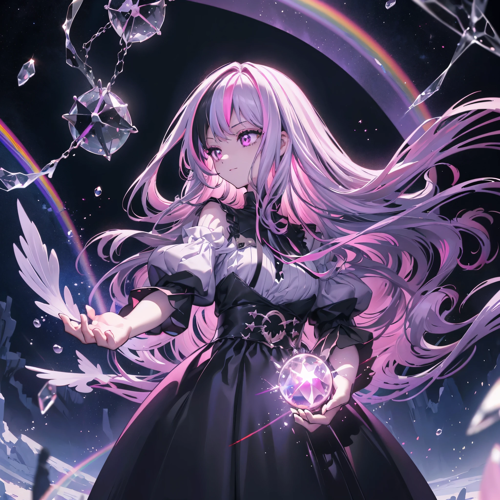 ((Fantasy Long Hair Pink Eyes Rainbow Hair Black Dress)) ((night Western style Shining Aura Face is close ))Distorted Space-Time Hold the crystal and hold it up to the sky Broken glass Big white ribbon Big Moon First magnitude star Light shines in Catch the wind Tense face Shining Edge Reflection of light Bathed in light Emit an aura Look over smile