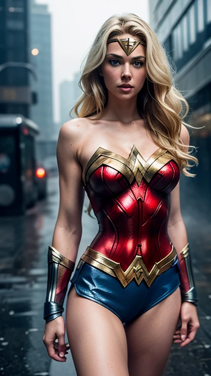 Beautiful woman with wavy blonde hair, delicate and charming blue eyes, Thigh notch, Sexy long legs, t-shirt in small shorts, Wonder Woman Suit, Cute futuristic cyberpunk + City, Mist, Damp, rain, Best quality masterpiece, Realistic, Detailed, 8K, hdr, Shallow depth of field, Wide light, High contrast, Backlight, flood, Flash, color difference, Sharp focus, RAW color photo, Wonder Woman Symbol on the chest.