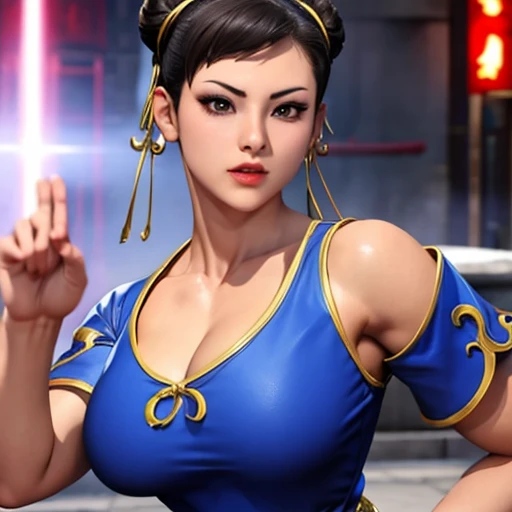 Imagen detallada de Chun Li labios rojos cara detallada feliz vestido negro pose de  Kung fu cuerpo firme senos perfectos 