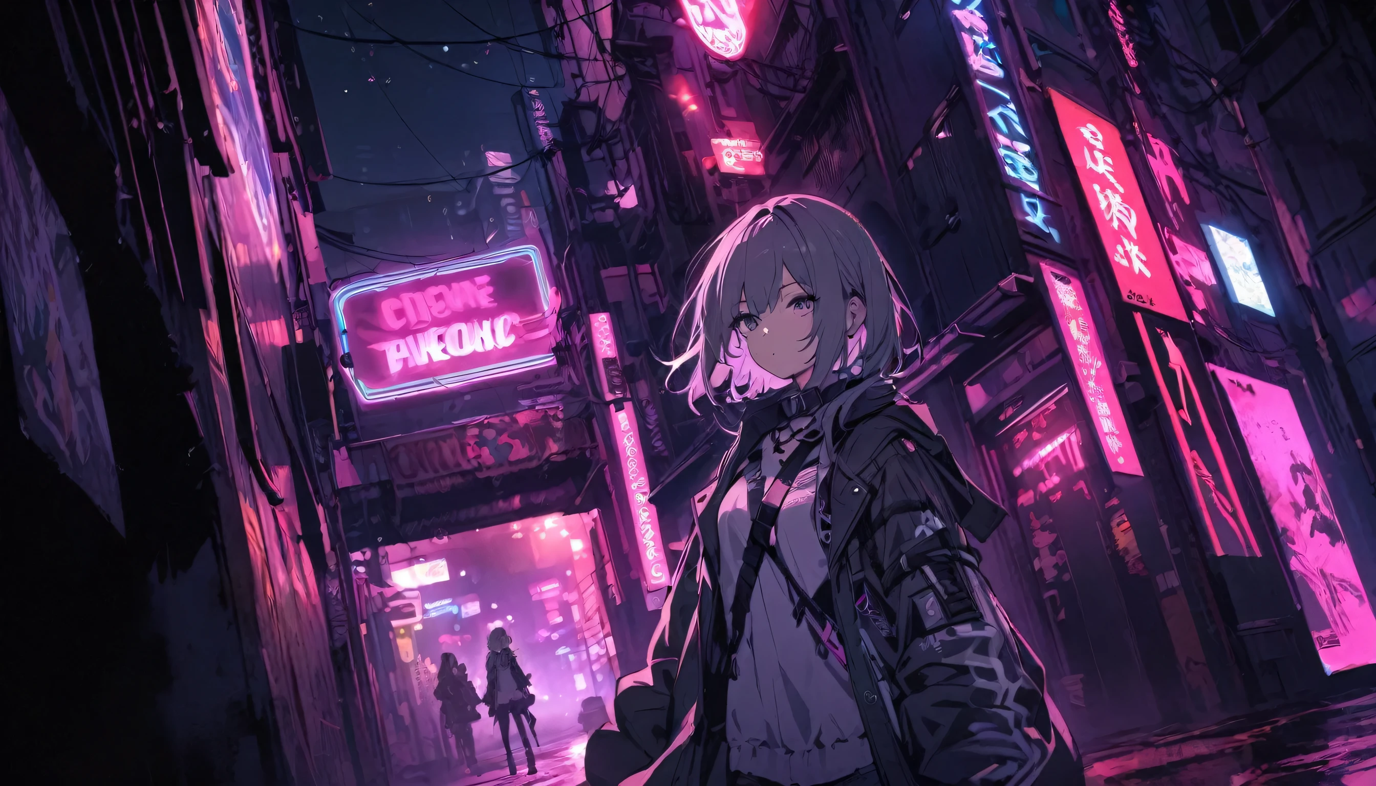 girl, 1 person, Dark atmosphere, night, neon, cool