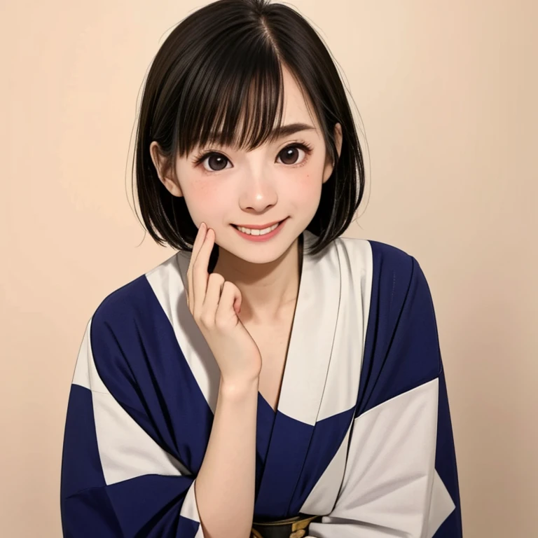 (kawaii 24 year-old Japanese girl, Nogizaka idol, Korean idol), glossy brown hair, (very short hair:1.2), beautiful black eyes, rounded face, narrow shoulders, single eyelid, (no makeup:1.2), (big laughing:1.2), (yukata, Japanese traditional clothes), extra small breasts, BREAK, (simple white background:1.2), (view from forward, bust shot, id photo:1.2), BREAK, (masterpiece, best quality, photo realistic, official art:1.4), (UHD, 8K quality wallpaper, high resolution, raw photo, golden ratio:1.3), (shiny skin), professional lighting, physically based rendering, award winning, (highly detailed skin texture, extremely detailed face and eyes textures), Carl Zeiss 85 mm F/1.4, depth of field, (1girl, solo),