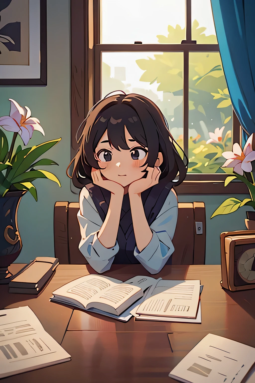 A 25-year-old woman sits at a table by the window,Flowers were placed on the table