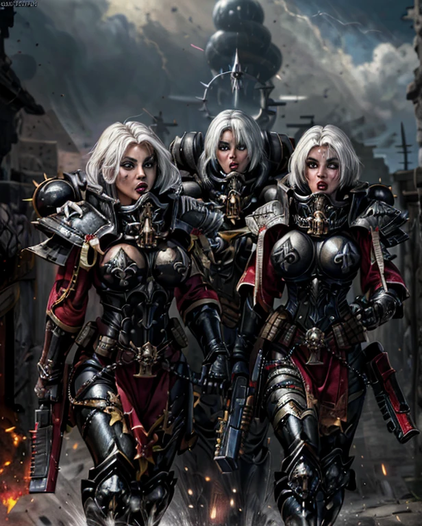 Hyper photo realistic picture perfect sisters of battle,hyper realistic gorgeous face,thin curved eyebrows, black eyeliner,black eye shadow, ruby lipstick, long luscious platinum blonde hair, cinematic action shot of a group of adepta sororitas, abstract concept art in the style of, Apterus, Zdzislaw Beksinski, wearing full metal armor, (ORDER OF ARGENT SHROUD:1.2), (fleur de lis:1.2), holding weapon, (rifle, bolter:1.3), (scarlett johansson:0.9), (dark eyeshadow:1.1), goth makeup, detailed realistic skin, matte skin texture, skin imperfections, (angry:1.2), grim, shouting, (firing at viewer:1.3), in battle, (fighting stance:1.1), detailed background, gothic ruins in the background, war, smoke, fog, (dim lighting:1.2), action movie poster, dark art (masterpiece:1.1), (high resolution RAW photo, hdr:1.1) film grain, cinematic bokeh, depth of field, analog style, detailed, intricate, best quality, high quality, high res, absurdres, official art, grimdark, warhammer 40k, neon sapphire eyes,