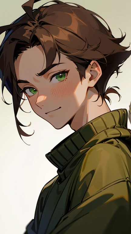 highres, superb quality, Hyper HD, Masterpiece, highly detailed, ((masterpiece)), ((front view)), solo, handsome anime boy, 1 man, 1boy, tan teenager, young man, male, ((young_adult_face)), ((sexy guy)), ((green eyes)), olive green eyes, sharp eyes, smirk, portrait, gradient ((dark brown hair)), shaggy hair, ((rat tail hair)), ((rattail hair)), (shiny tan skin), darkbrown_hair, ashybrown_hair, ash_brown hair, wearing cozy sweater, wearing tight sweater, romance lane, close-up, portrait, ❤ love, beautiful,
