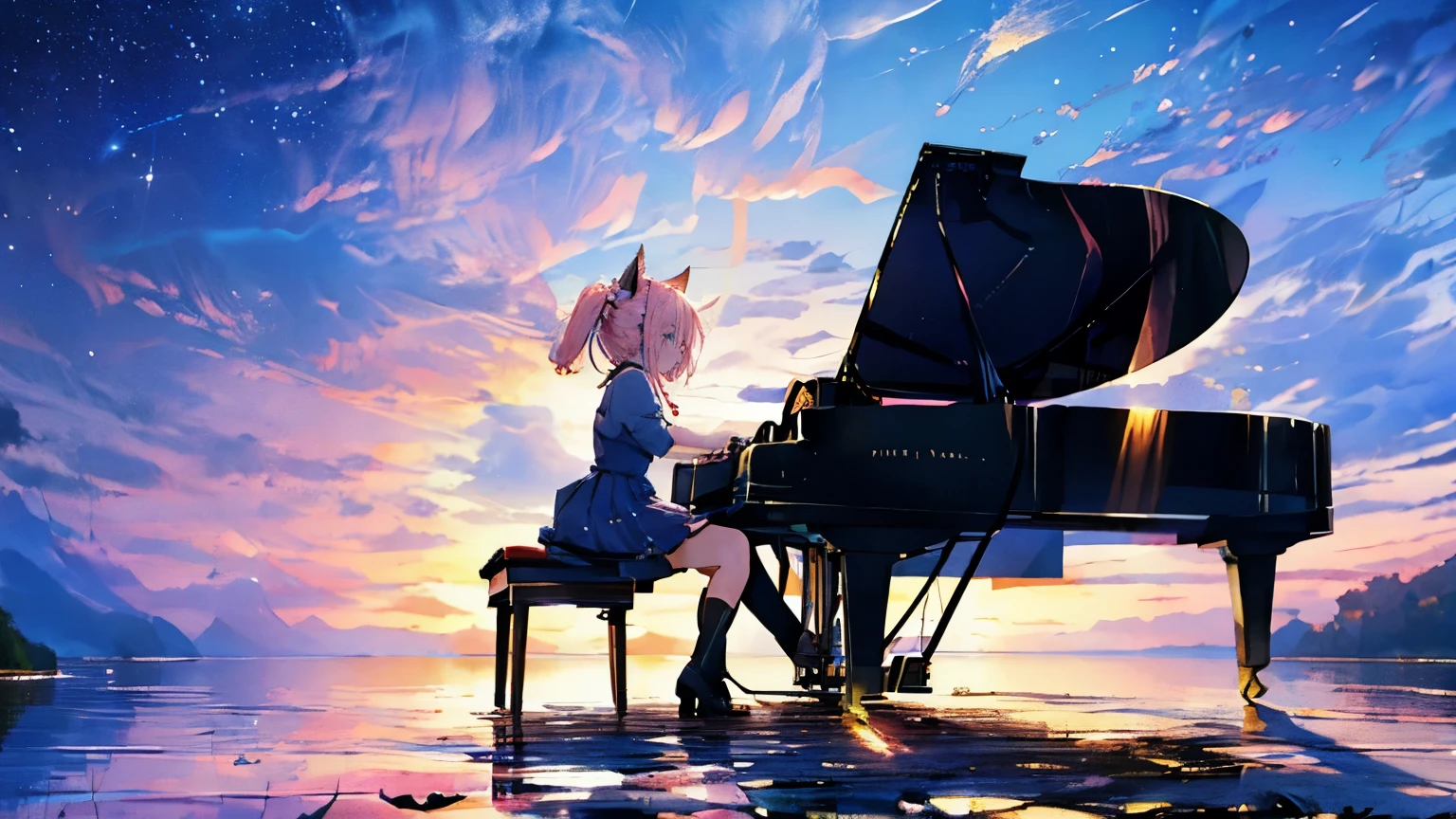 picture a scene of a girl playing the piano with stars in the sky. Anime, pink hair, cat ears. That's her charm.