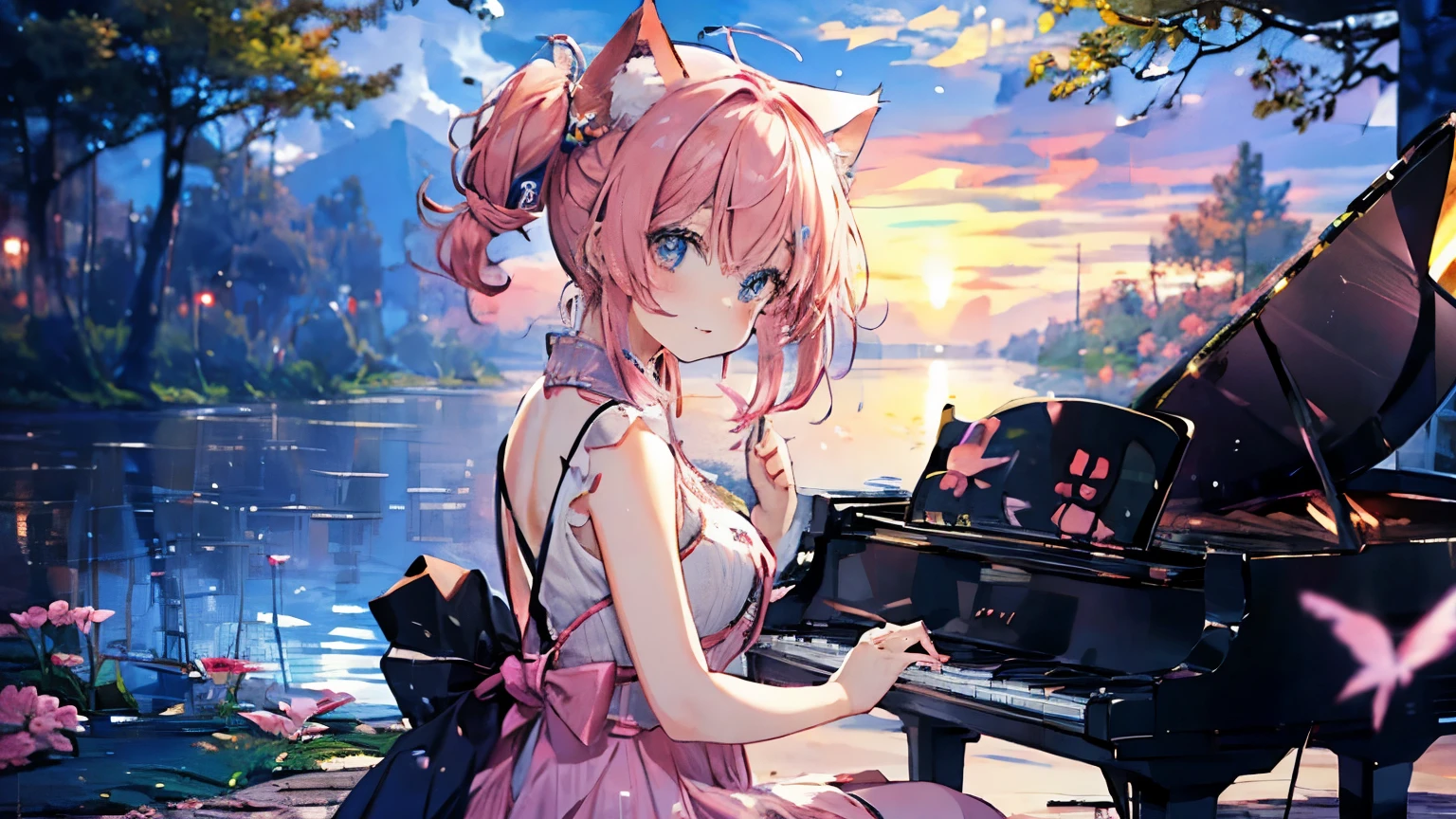 picture a scene of a girl playing the piano with stars in the sky. Anime, pink hair, cat ears. That's her charm.