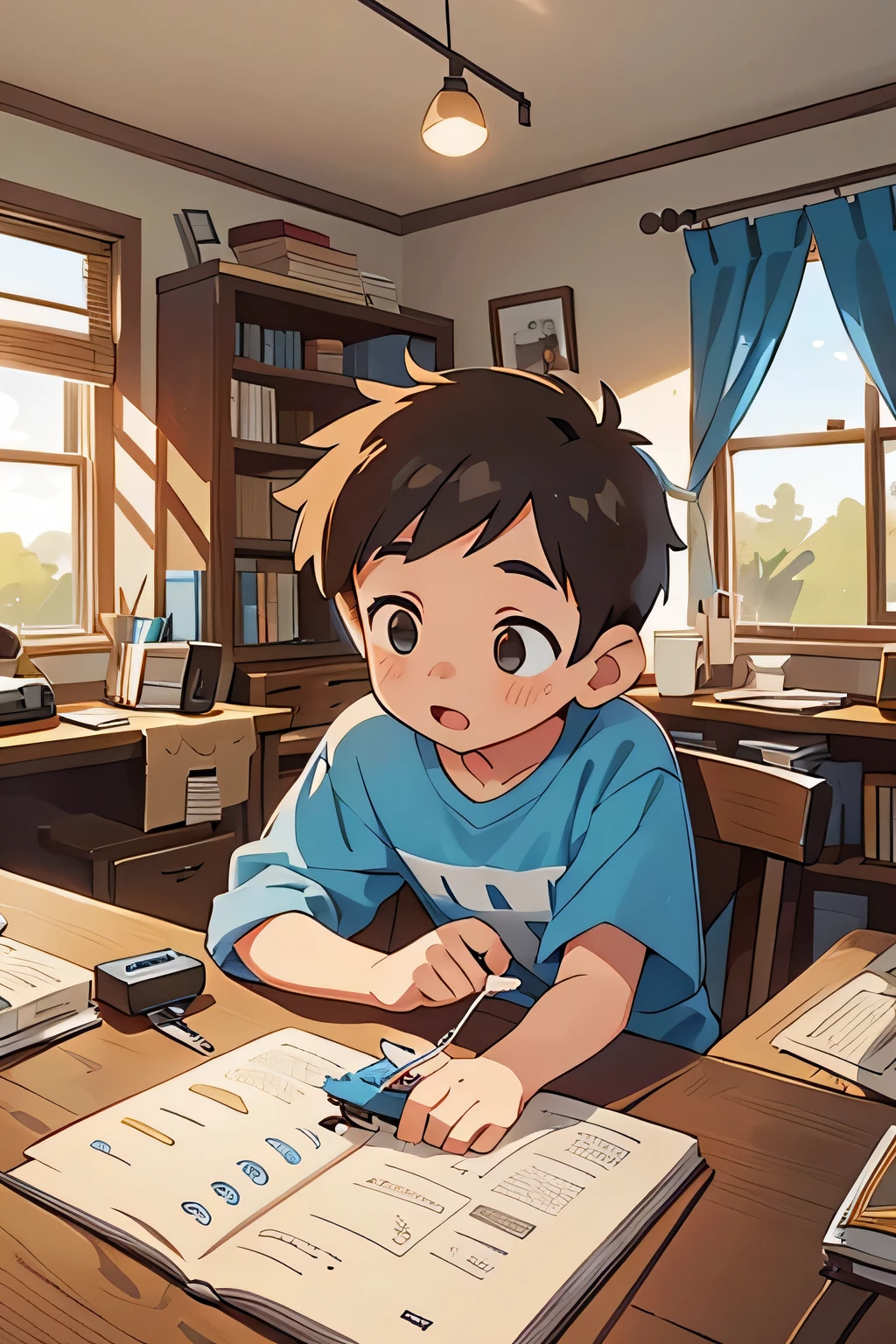 A 25-year-old boy is playing with a model airplane in his study room