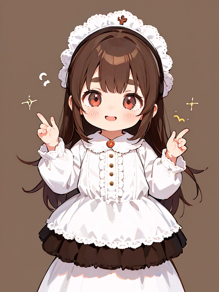 masutepiece, 1girl, infantlolita dress, white dress, victorian clothes, little girl, eyes, a big smile, brown hair, thick eyebrows, house background