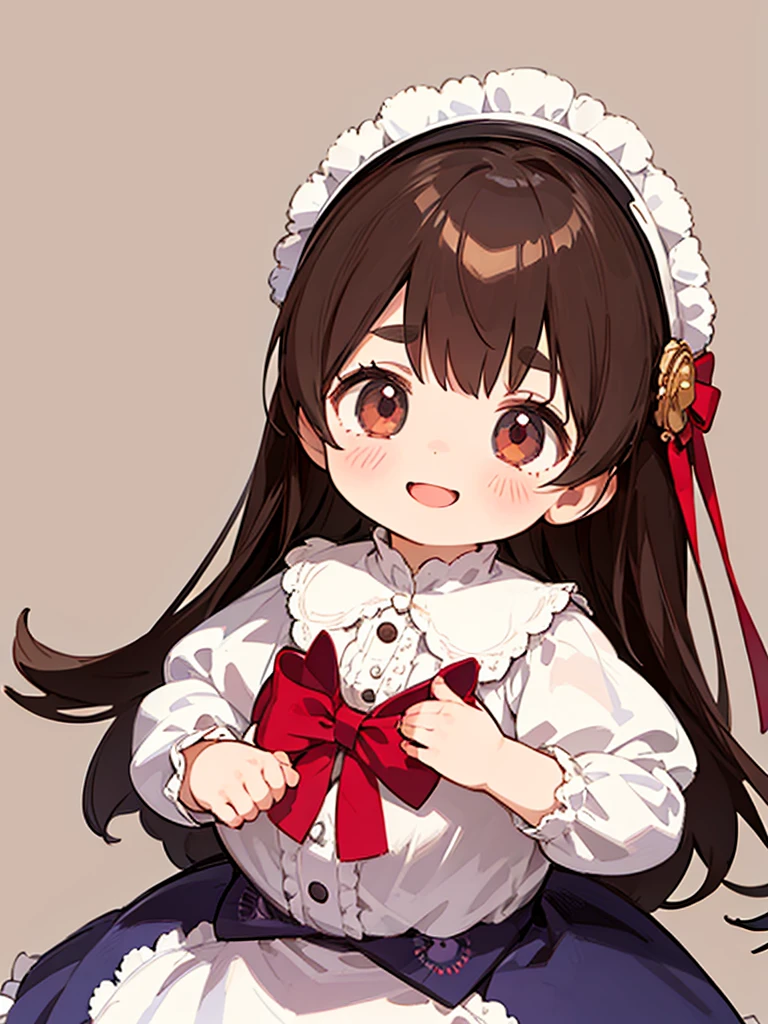 masutepiece, 1girl, infantlolita dress, white dress, victorian clothes, little girl, eyes, a big smile, brown hair, thick eyebrows, house background