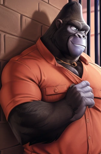 big daddy(sing), bara, mature male, gorilla, smile, massive pecs, (posing:1.3), (soft shading), 4k, hi res, five fingers, detailed hands, ((detailed face, (detailed eyes:1.0), detailed)), (full body), by zackarry911, by zaush, (by personalami:0.5), prison clothes, prison cell, against wall, arms to sides