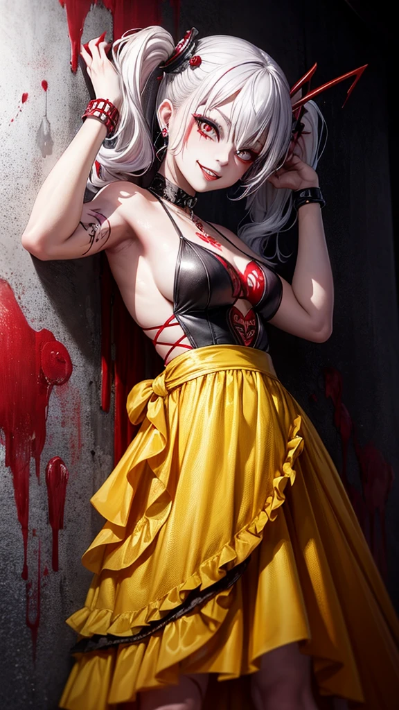tattoo girl, very beautiful, murderous, Harley Quinn, crazed look, dark background, 8K, dynamic wallpaper, very delicate, very dense, creepy smile, close up to camera, yellow prom dress with blood splotches on the dress, prom background, leaning on a dripping red wall, from below