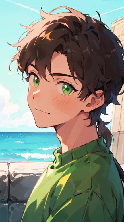 highres, superb quality, Hyper HD, Masterpiece, highly detailed, ((masterpiece)), ((front view)), solo, handsome anime boy, 1 man, 1boy, tan teenager, young man, male, ((young_adult_face)), ((sexy guy)), ((green eyes)), olive green eyes, sharp eyes, smirk, portrait, gradient ((dark brown hair)), shaggy hair, ((rat tail hair)), ((rattail hair)), (shiny tan skin), darkbrown_hair, ashybrown_hair, ash_brown hair, wearing cozy sweater, wearing tight sweater, romance lane, close-up, portrait, ❤ love, beautiful,