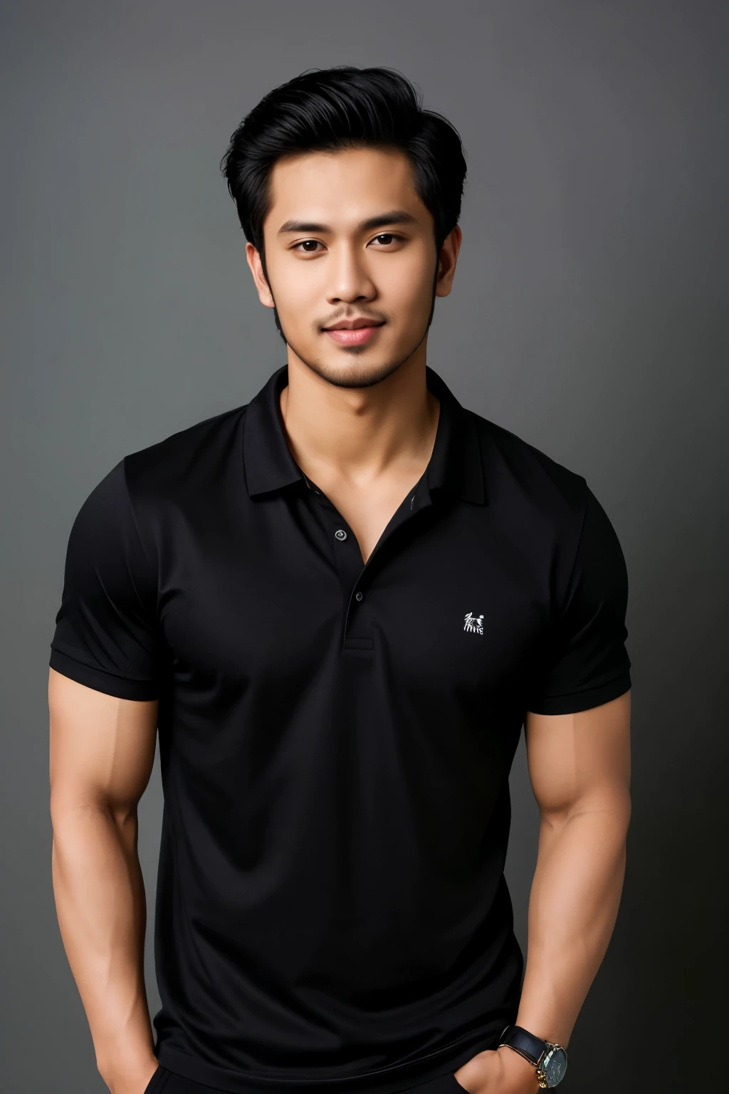 a picture of Handsome MELAYU Malaysia Men ( Liked Malaysia Actor) ,Have Little Bit Beard on face,wear Black plain polo shirt, gentleman Style  Pose , Studio  Background, full body photoshoot,

((best quality)), ((masterpiece)), (detailed), perfect face, 