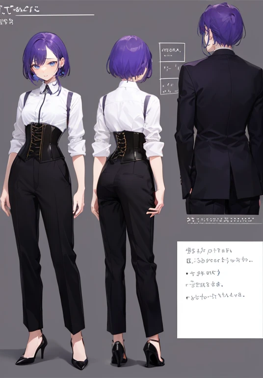 Purple hair,short hair,Adult female,((Roll up your sleeves)),(Corset),(slacks),(high heels),The heel is visible,((Simple background)),Smile,((Full body)),((whole body)),Character Sheet,