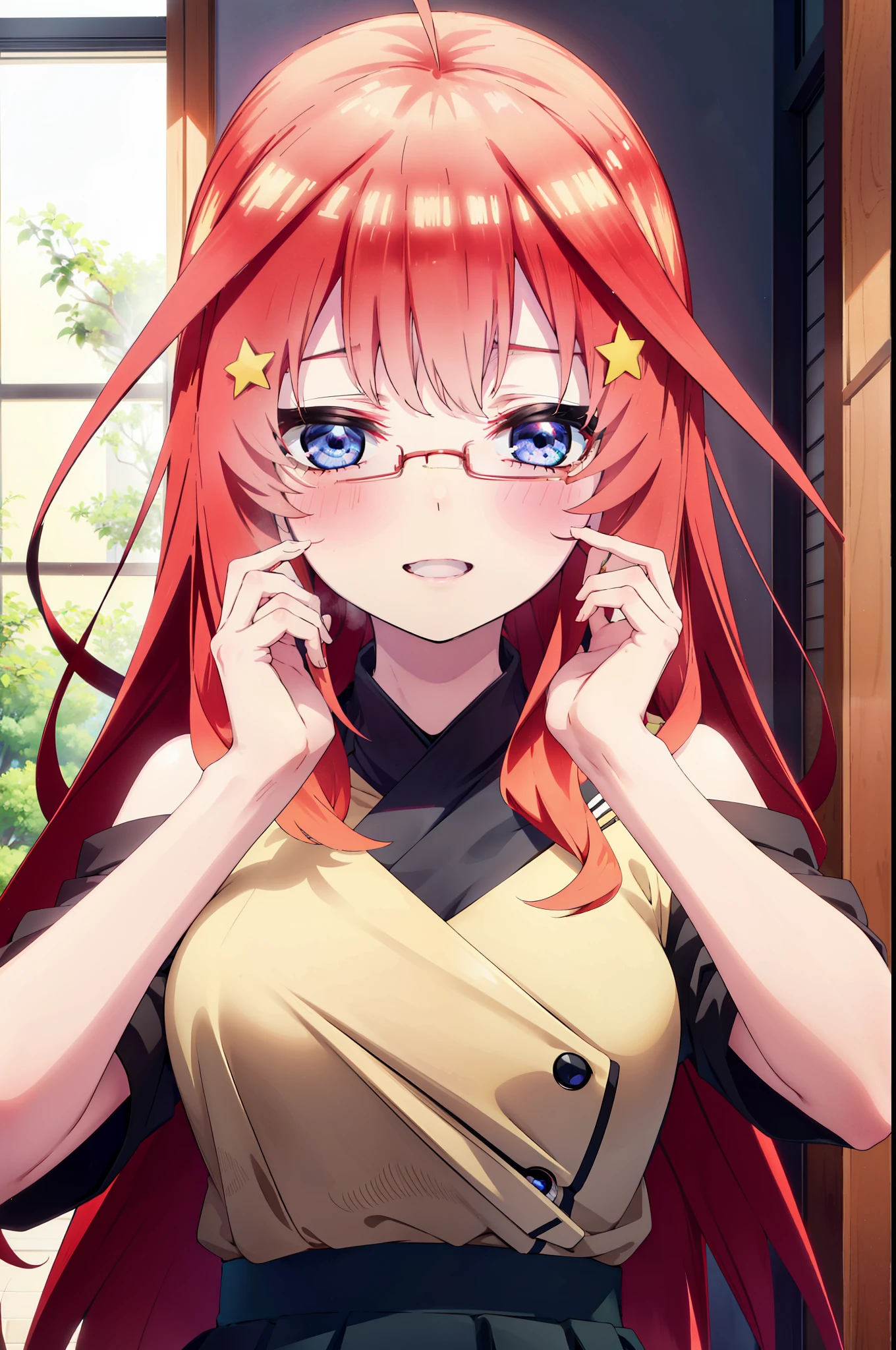 itsukinakano, Itsuki Nakano, bangs, blue eyes, Hair between the eyes, Ahoge, Redhead, star \(symbol\), hair ornaments, star hair ornaments,happy smile, smile, Open your mouth,smile,blush,Akagi glasses,Cold shoulder tops,Short sleeve,Long skirt,Stiletto heels,whole bodyがイラストに入るように,interior,There is a computer on the table,Looking up from below,
break indoors, オフィス
break looking at viewer, whole body,
break (masterpiece:1.2), highest quality, High resolution, unity 8k wallpaper, (figure:0.8), (Beautiful fine details:1.6), Highly detailed face, Perfect lighting, Highly detailed CG, (Perfect hands, Perfect Anatomy),