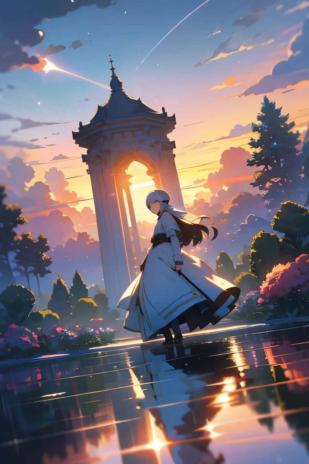 a woman walking in a garden,1 girl, eye, close up, beautiful night sky, meteor shower, beyond the clouds, water surrounded, reflections, wide angels, breathtaking clouds, wide angle, by makoto shinkai, thomas kinkade, james gilleard, by holosomnialandscape, hdr, volumetric lighting, ray tracing, an intricate, high details, very detailed, deviantart, 4k vertical wallpaper,, colorful, airy, anime illustration, anime nature wallpaper, hijab, modest clothing, Anime, 2D, Illustration,
