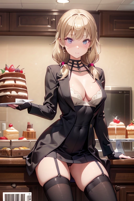 1 girl, small nose, very beautiful detailed face and eyes, bright colors, cute face, delicate beautiful face, Bright magenta eyes, cute eyes, sparkling eyes, Big eyes, (small breasts:1.3), (perky chest:1.1), (pointed chest:1.0), (cake magazine cover:1.3),highest quality, WorKs of masters, High resolution, Blonde color hair,shiny hair, side ponytail,hair between eyes,bangs, (black jacket, real clothes, cleavage, black skirts, black thighhighs, thigh strap, fingerless gloves, single glove:1.2) , spread legs, panties shot, medium hips, glamorous body, white skin, smile, thin pubric hair, super beautiful face, Super beautiful eyes, Super beautiful hair,trendy outfit,sexy and attractive,full body esbian, Real World, Natural light,perfect Natural light,(with sparkling eyes and a contagious smile), This masterpiece is not only visually stunning but also tells, make of cake cooking , in the kitchen, open mouth, looking at viewer,