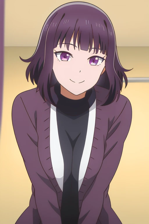 1girl, bangs, dark purple hair, blunt bangs, eyebrows visible through hair, purple eyes, look at viewer, cowboy shot, light smile, hisui_kujou,  large breasts, cleavage, sit on bed, 
