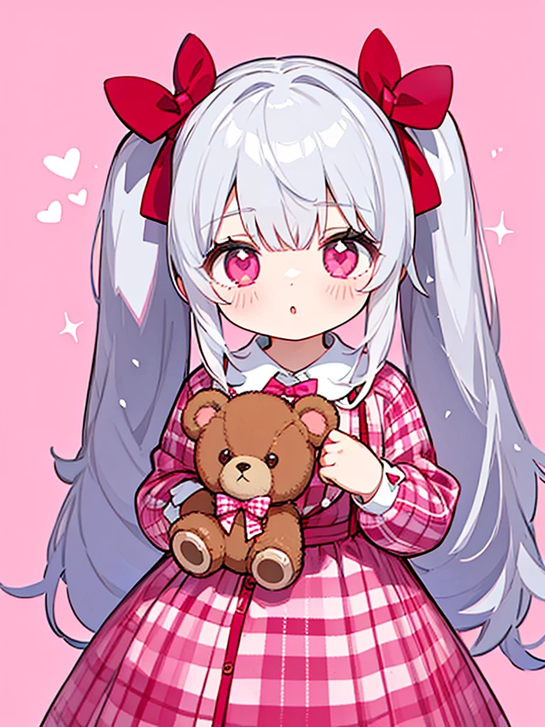 1girl, solo, stuffed toy, twintails, stuffed animal, pink background, upper body, long hair, teddy bear, long sleeves, bow, pink eyes, holding, sparkle, collar, plaid, heart, grey hair, red eyes, white hair, simple background, ribbon, english text, bangs, hair bow, plaid dress