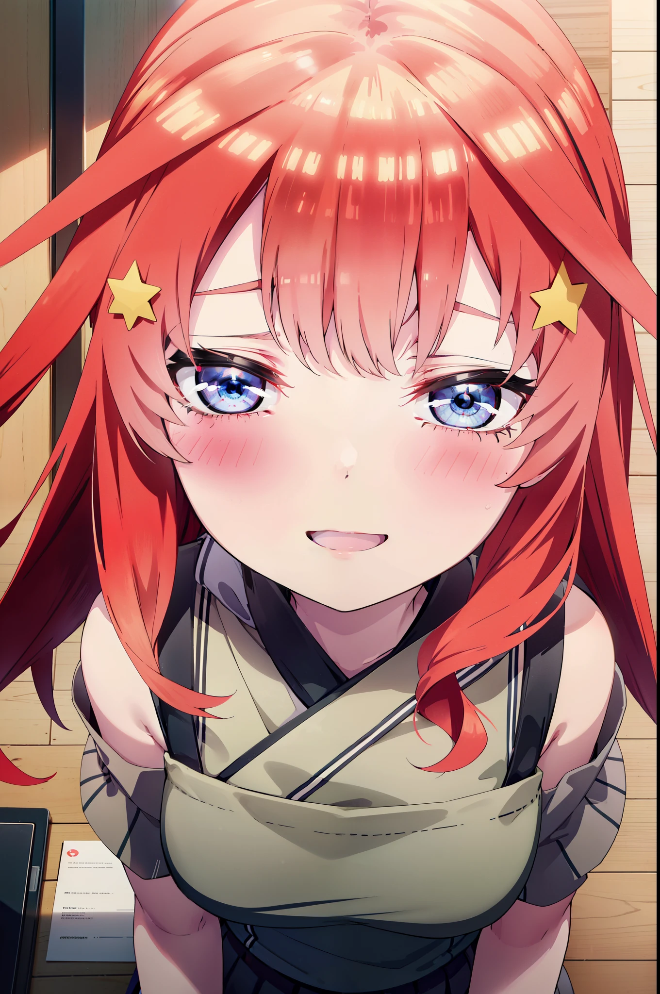 itsukinakano, Itsuki Nakano, bangs, blue eyes, Hair between the eyes, Ahoge, Redhead, star \(symbol\), hair ornaments, star hair ornaments,happy smile, smile, Open your mouth,smile,blush,Akagi glasses,Cold shoulder tops,Short sleeve,Long skirt,Stiletto heels,whole bodyがイラストに入るように,interior,There is a computer on the table,Looking up from below,
break indoors, オフィス
break looking at viewer, whole body,
break (masterpiece:1.2), highest quality, High resolution, unity 8k wallpaper, (figure:0.8), (Beautiful fine details:1.6), Highly detailed face, Perfect lighting, Highly detailed CG, (Perfect hands, Perfect Anatomy),