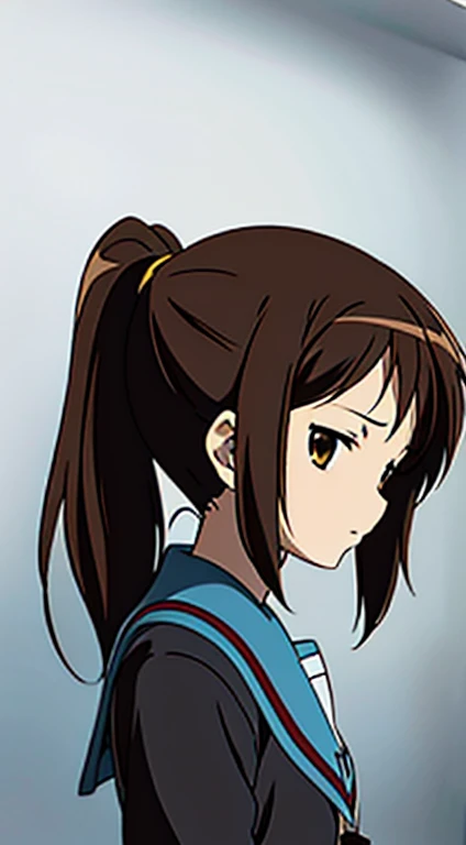 kyoani style, anime style, best quality, 4k, masterpiece, standing girl, 1 girl, solo, 1 , upper body, (front angle), looking at camera, brown hair, ponytail hairstyle, brown eyes, [empty eyes], [short girl], (flat breast:1.25), [suzumiya haruhi], sailor uniform, [[sleepy eyes]], daydreaming, expressionless