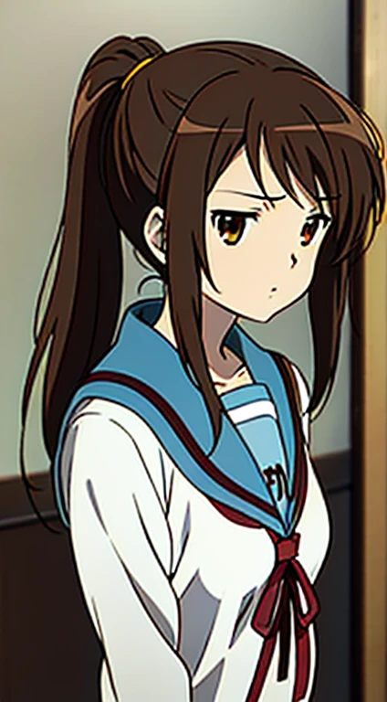 kyoani style, anime style, best quality, 4k, masterpiece, standing girl, 1 girl, solo, 1 , upper body, (front angle), looking at camera, brown hair, ponytail hairstyle, brown eyes, [empty eyes], [short girl], (flat breast:1.25), [suzumiya haruhi], sailor uniform, [[sleepy eyes]], daydreaming, expressionless