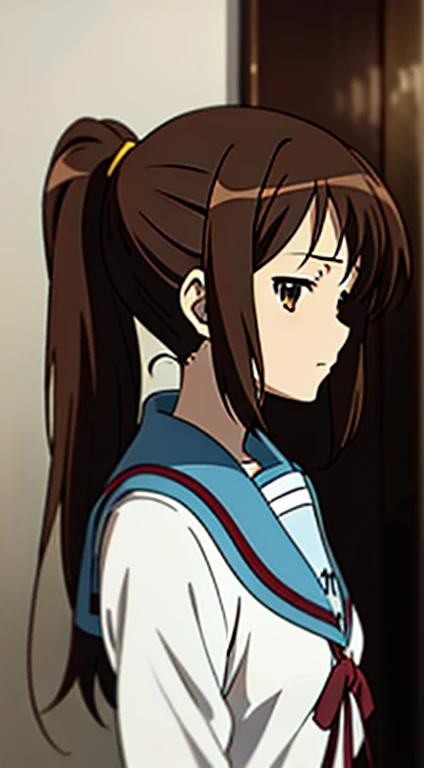 kyoani style, anime style, best quality, 4k, masterpiece, standing girl, 1 girl, solo, 1 , upper body, (front angle), looking at camera, brown hair, ponytail hairstyle, brown eyes, [empty eyes], [short girl], (flat breast:1.25), [suzumiya haruhi], sailor uniform, [[sleepy eyes]], daydreaming, expressionless