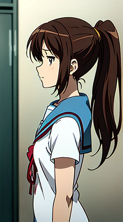 kyoani style, anime style, best quality, 4k, masterpiece, standing girl, 1 girl, solo, 1 , upper body, (front angle), looking at camera, brown hair, ponytail hairstyle, brown eyes, [empty eyes], [short girl], (flat breast:1.25), [suzumiya haruhi], sailor uniform, [[sleepy eyes]], daydreaming, expressionless