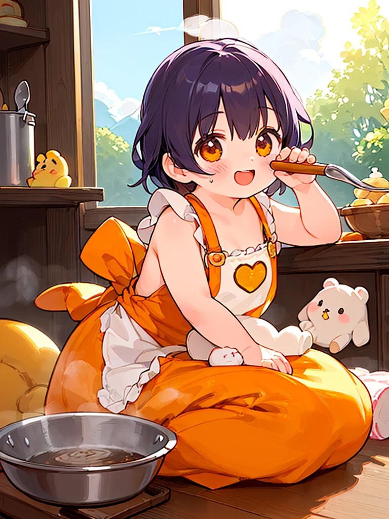(Chibi:1.15),girl,blush,(swirly hair:1.35),(Fluffy short hair:1.2),(butter shaped hair ornament:1.3),(A big smile:1.35),(orange heart-like eyes:1.3),(smiling with open mouth:1.25),(A fantasy atmosphere with kitchen utensils such as ladles and frying pans flying around.:1.25),(A cute silhouette costume with an apron with lots of frills:1.3),(Naked apron style:1.25),(Cute pose with hand on side of face:1.3),(Burikko:1.3),(close up of face:1.35),(Brightness:1.35),(Gentle sunlight:1.25),(Freshly steamed potato butter:1.25),(steaming potatoes:1.3),(Cute stuffed animals and sweets are flying around:1.3),(Colorful and cute POP atmosphere:1.2),