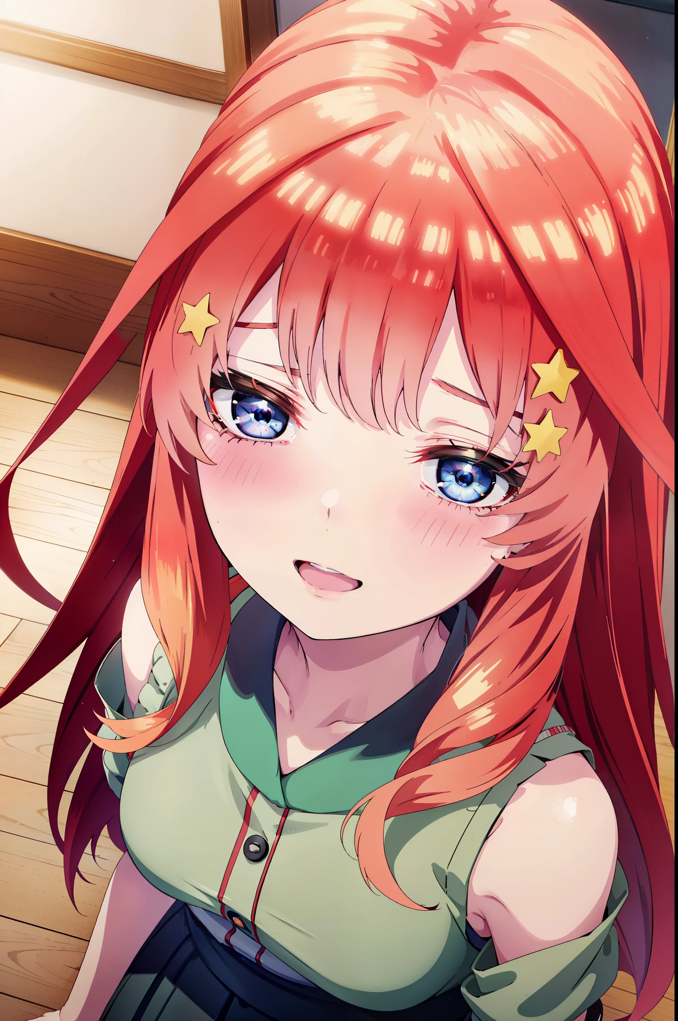 itsukinakano, Itsuki Nakano, bangs, blue eyes, Hair between the eyes, Ahoge, Redhead, star \(symbol\), hair ornaments, star hair ornaments,happy smile, smile, Open your mouth,smile,blush,Akagi glasses,Cold shoulder tops,Short sleeve,Long skirt,Stiletto heels,whole bodyがイラストに入るように,interior,There is a computer on the table,Looking up from below,
break indoors, オフィス
break looking at viewer, whole body,
break (masterpiece:1.2), highest quality, High resolution, unity 8k wallpaper, (figure:0.8), (Beautiful fine details:1.6), Highly detailed face, Perfect lighting, Highly detailed CG, (Perfect hands, Perfect Anatomy),