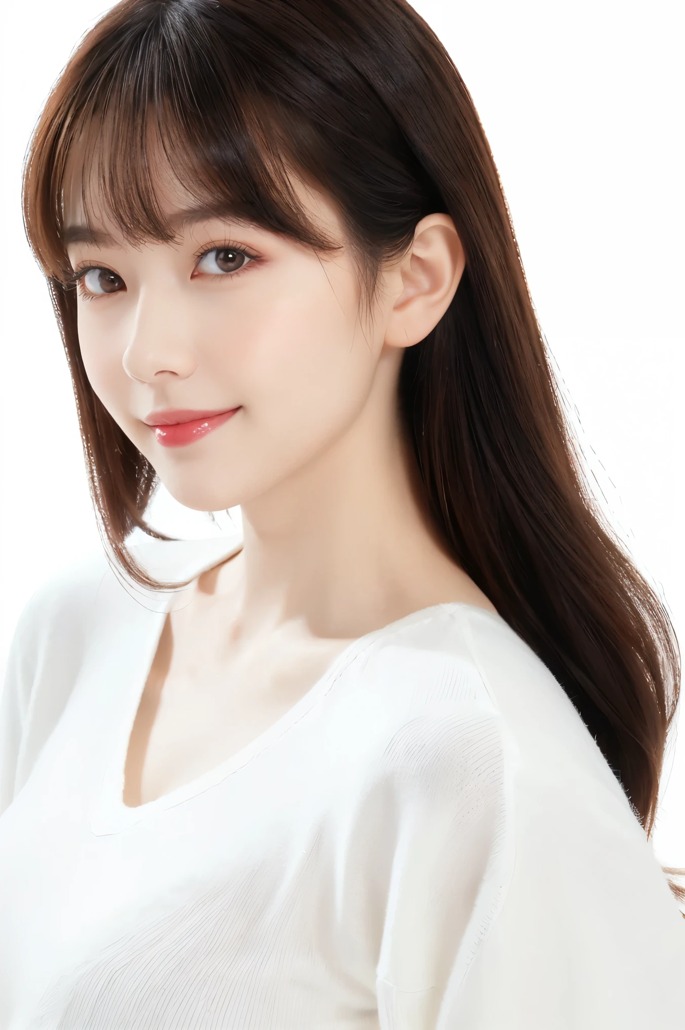 (highest quality、Tabletop、8k、Best image quality、Award-winning works)、Cute beauty、Straight medium hair、(alone:1.2)、(White fitted V-neck long sleeve knit:1.2)、(Close-fitting V-neck long-sleeve knit:1.1)、(The simplest pure white background:1.6)、(Perfectly fixed in front:1.1)、Face close-up、(Very large breasts:1.3)、(Accentuate your body lines:1.2)、(Perfect female front and side portrait with appropriate margins:1.2)、(A perfect feminine expression from the side or the front:1.2)、Beautiful and detailed、Look at me and smile、(Upright photo from the chest up:1.2)、(Turn around and look straight at me:1.2)、(Perfect Makeup:1.1)、Bright lipstick、Ultra-high definition beauty face、Ultra HD Hair、Ultra-high definition sparkling eyes、Ultra High Resolution Perfect Teeth、Ultra-high quality glossy lips、Accurate anatomy、Very beautiful skin、(Pure white skin shining in ultra-high resolution:1.2)、Elegant upright posture when viewed from the front、(Very bright:1.3)、(Voluptuous body:1.2)