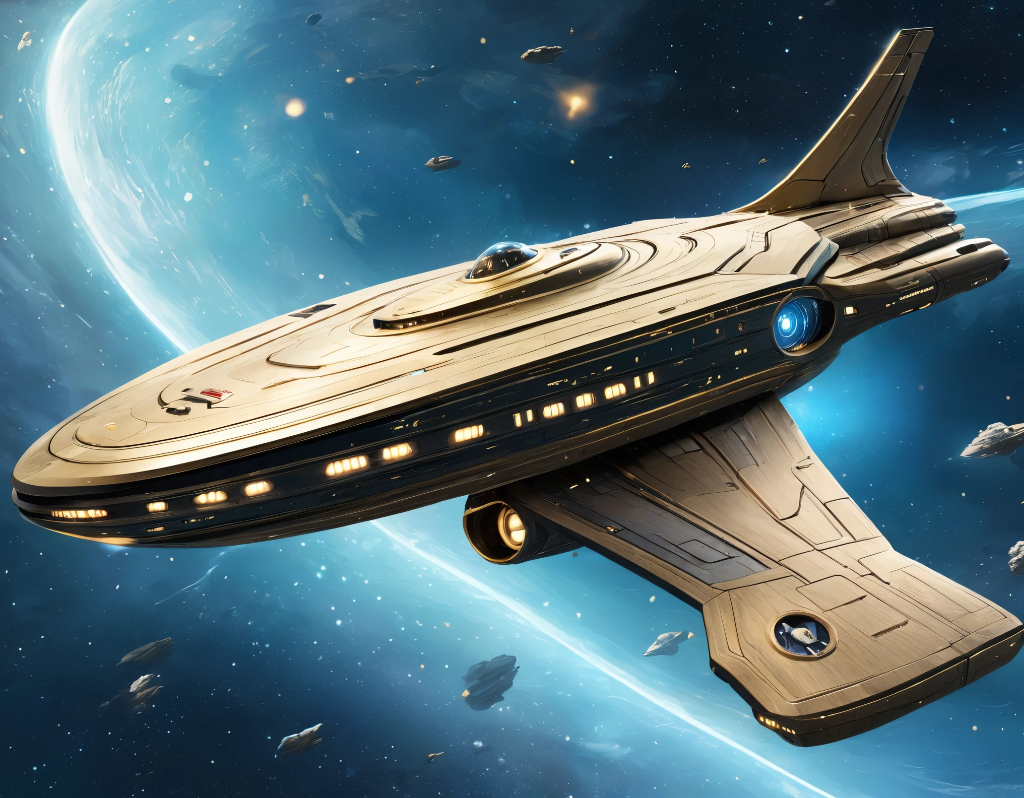a close up of a star trek ship on a blue background, wood texture overlays, gold noble, pexels contest winner, gorgeous digital art, streaming on twitch, fabulous illustrations, dynamic shading, by Matthew D. Wilson, enterprise workflow engine, hyperspeed