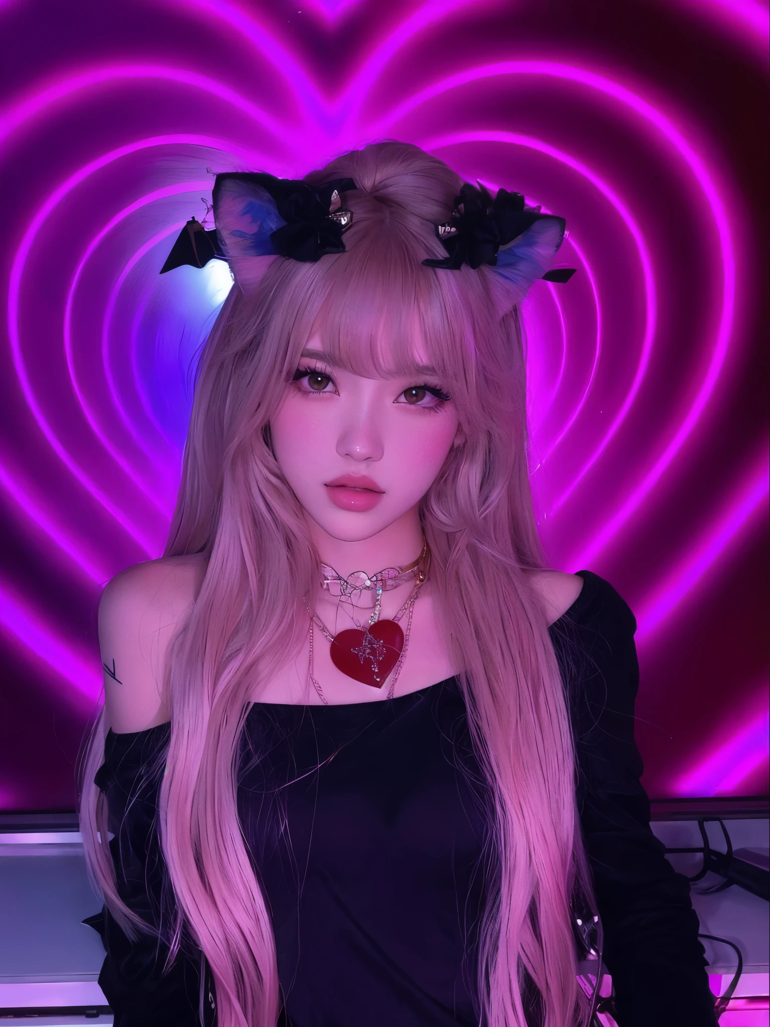 Araffe girl with long hair and heart shaped background., bella delfina, Cabello rosado y ojos cian., Lalisa Manobal, junko enoshima, contenido descargable, Lalisa Manoban de Blackpink, retrato de kim petras, retrato de jossi de blackpink, chica anime con orejas de gato, japanese gyaru portrait