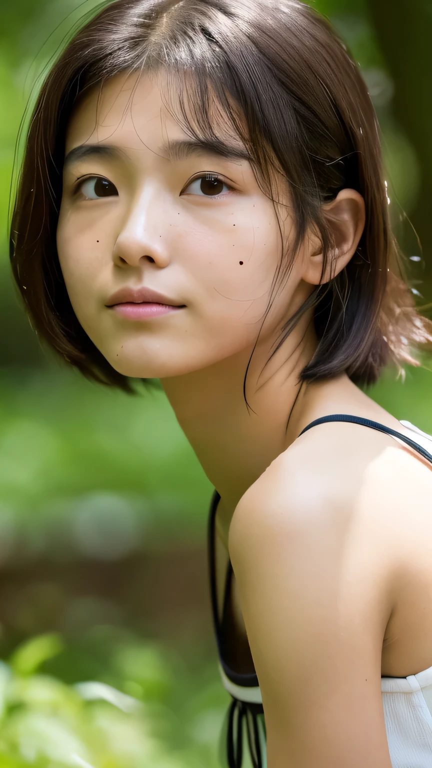 masterpiece High resolution Female student Delicate face Deep-set eyelids natural atmosphere boyish 16 years old mole Tanuki face Tank top Open your mouth wide Listen to the Earth Listen to the sounds of the earth A bright future