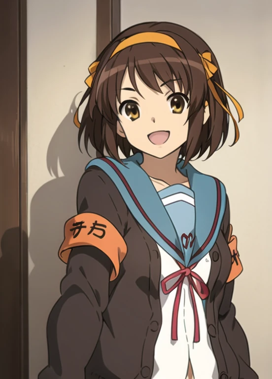 kyoani haruhi style, 1girl, solo, kita high , sailor collar, , blue sailor collar, brown hair, serafuku, cardigan, brown eyes, medium hair, armband, ribbon, hairband, open mouth, open cardigan, parody, hair ribbon, orange hairband, brown cardigan, smile, open clothes, short hair, ((masterpiece))