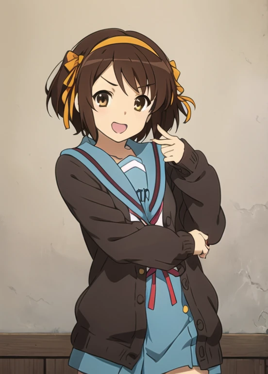 kyoani haruhi style, 1girl, solo, kita high , sailor collar, , blue sailor collar, brown hair, serafuku, cardigan, brown eyes, medium hair, armband, ribbon, hairband, open mouth, open cardigan, parody, hair ribbon, orange hairband, brown cardigan, smile, open clothes, short hair, ((masterpiece))