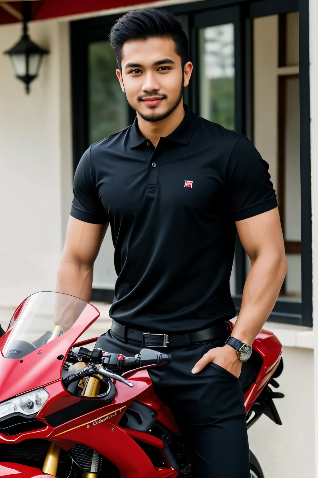 a picture of Handsome MELAYU Malaysia Men , Pose riding on SuperBike DUCATI, Have Little Bit Beard on face, wear Black plain polo shirt, gentleman Style Pose
((best quality)), ((masterpiece)), (detailed), perfect face,