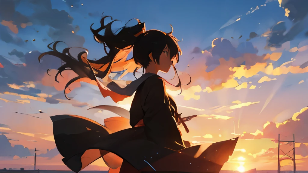 sunset、Hair blowing in the wind、Low - Angle、silhouette、Expressway