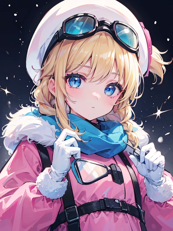 (8k, highest quality, Tabletop:1.2)、Ultra-high resolution, Detailed face, One -yeld gi Blue eyes, Blonde, Braid, Woolen hat, Put on goggles, Pink Coat, White gloves, (Ski wear:1.2), Snow Mountain, it&#39;s snowing, Snow around, Ski boots, Skis