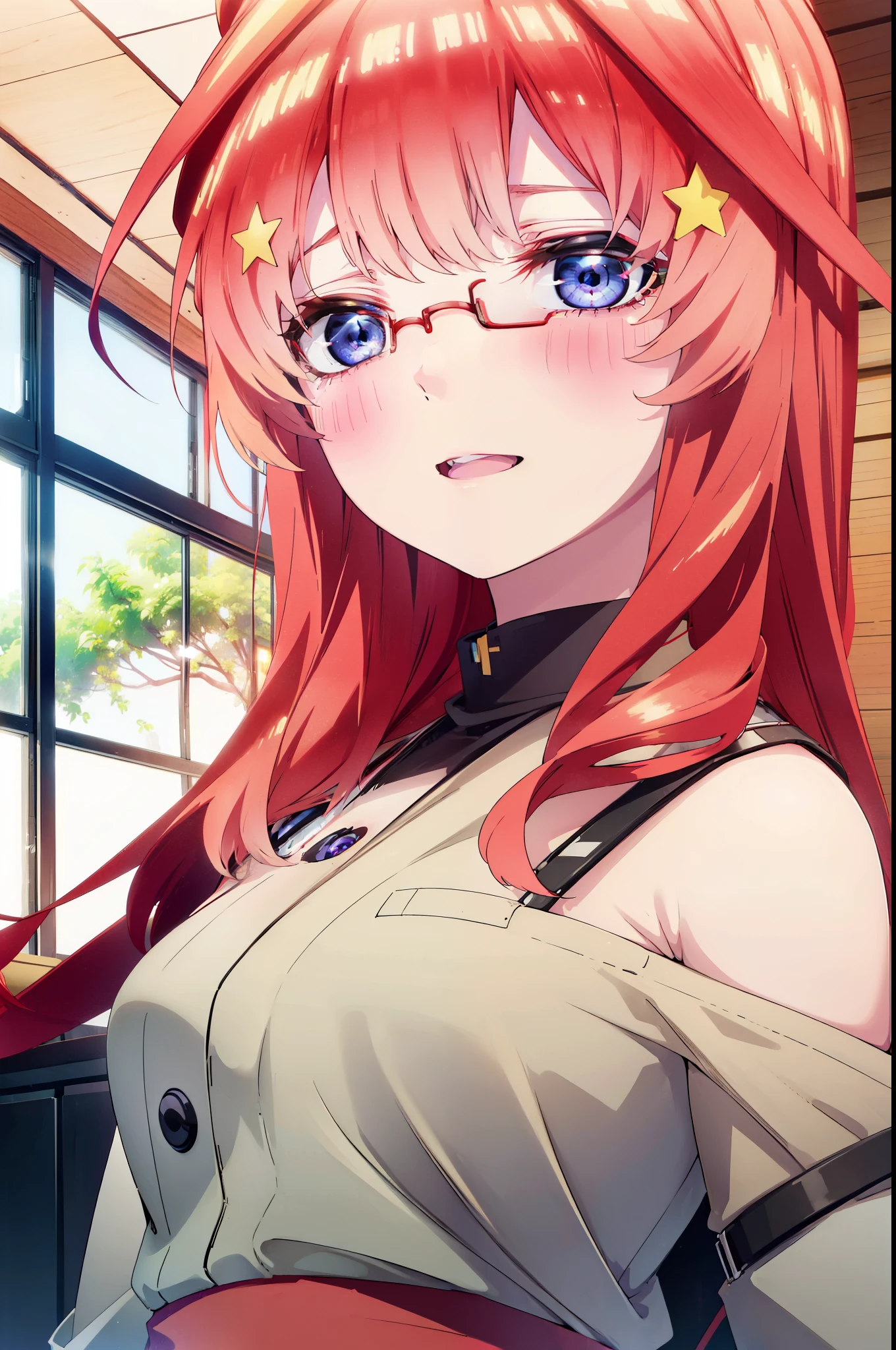 itsukinakano, Itsuki Nakano, bangs, blue eyes, Hair between the eyes, Ahoge, Redhead, star \(symbol\), hair ornaments, star hair ornaments,happy smile, smile, Open your mouth,smile,blush,Akagi glasses,Cold shoulder tops,Short sleeve,Long skirt,Stiletto heels,whole bodyがイラストに入るように,interior,There is a computer on the table,Looking up from below,
break indoors, オフィス
break looking at viewer, whole body,(Cowboy Shot:1. 5)
break (masterpiece:1.2), highest quality, High resolution, unity 8k wallpaper, (figure:0.8), (Beautiful fine details:1.6), Highly detailed face, Perfect lighting, Highly detailed CG, (Perfect hands, Perfect Anatomy),