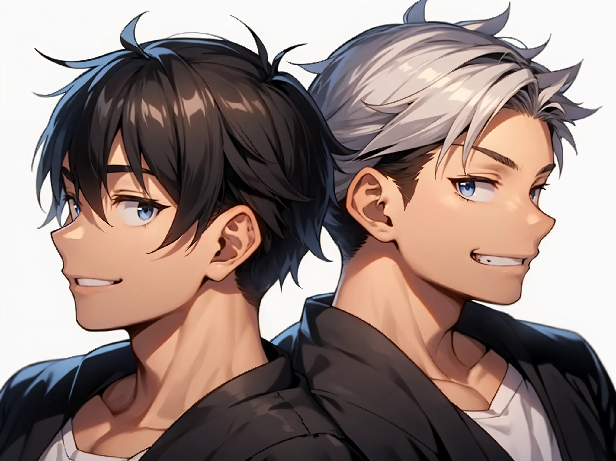 2boy,smile,(eye contact),18 years old,Black and silver hair,Back to Back,upper body,(detailed eyes),detailed skin,masterpiece