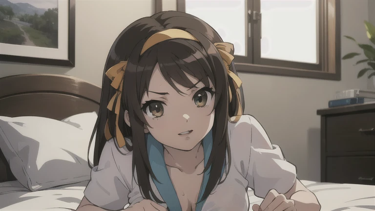 (A superb exquisite haruhi suzumiya), (haruhi suzumiya:1.5), (kyoani haruhi style Uniform:1.5), brown eyes, brown hair, natural straight hair, hairband, ribbon, straight bangs, solo, nature, extremely delicate, straight facial features, peerless beautiful girl, soft, (sensual face), ((ecchi face)), dreamy quality, exaggerated facial features, solid color, frank holly, delicate face, bright lips, slender waist, soft curves, real light and shadow, super fine, 4k, natural moving, Ultra high resolution, (masterpiece:1.2, best quality), (finely detailed beautiful eyes: 1.2), (beautiful detailed face), sexy semi-nude model, sexy pose, Ultra high definition white bra and panties, erect nipples,Medium chest, slender body, (bedroom), 