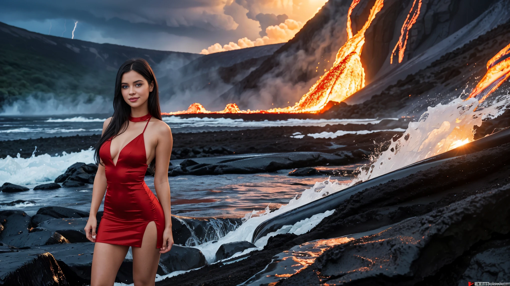 Ray tracing, 8k resolution, masterpiece, photo realistic, realism, forest, ICE, lava, volcano, beach, sunset, waves, lightning, thunderstorm, realistic lightning
Standing in the waterfalls
1 cute girl, French girl, 30 years old, beautiful big tits, bitting lip, (blue eyes), (long straight black hair), (seductive smile), perfect skin, flat stomach, (red dress:1.3), (short dress, slit dress, tight dress:1.3), (deep neckline:1.3), no top, nude, loving embrace, passion, desire, looks at the camera